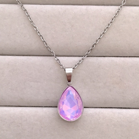 Jewelry - Lilac Lavender Opal Aurora Borealis + Stainless Steel Pear Crystal Drop Necklace